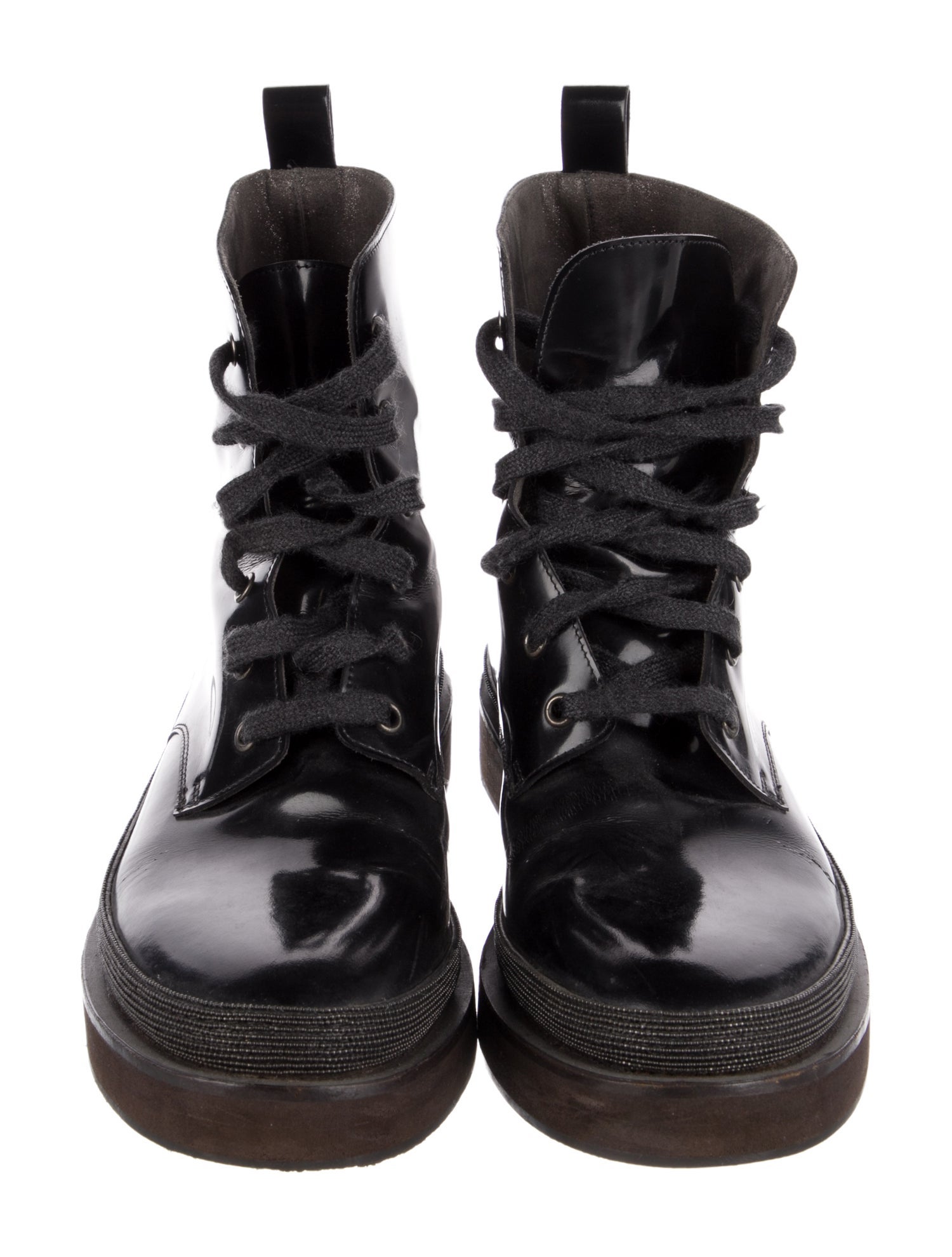 Brunello Cucinelli Patent Leather Beaded Accents Combat Boots